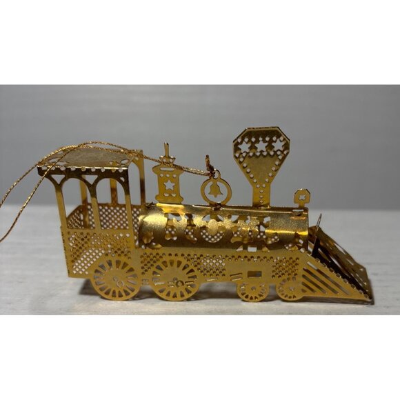 Train Christmas Ornament Gold Plated on Brass Noel Decoration Vintage - Picture 5 of 6